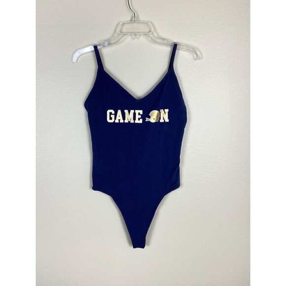 ✨2/$20✨ PINK Collegiate Collection Blue V-Neck Gold Game on Bodysuit Size L - Picture 1 of 8